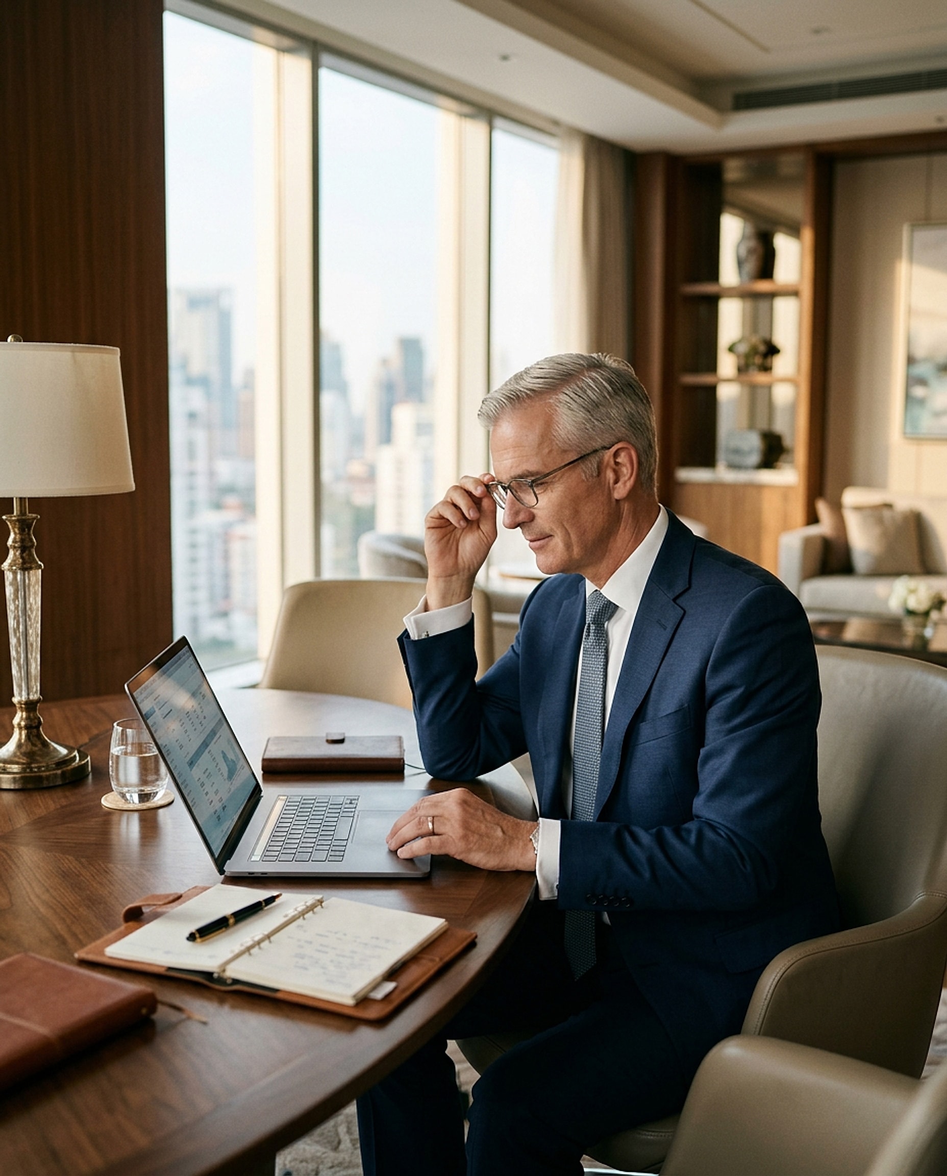 Concept image: a hotel finance director reviewing a contract on a laptop in the hotel office