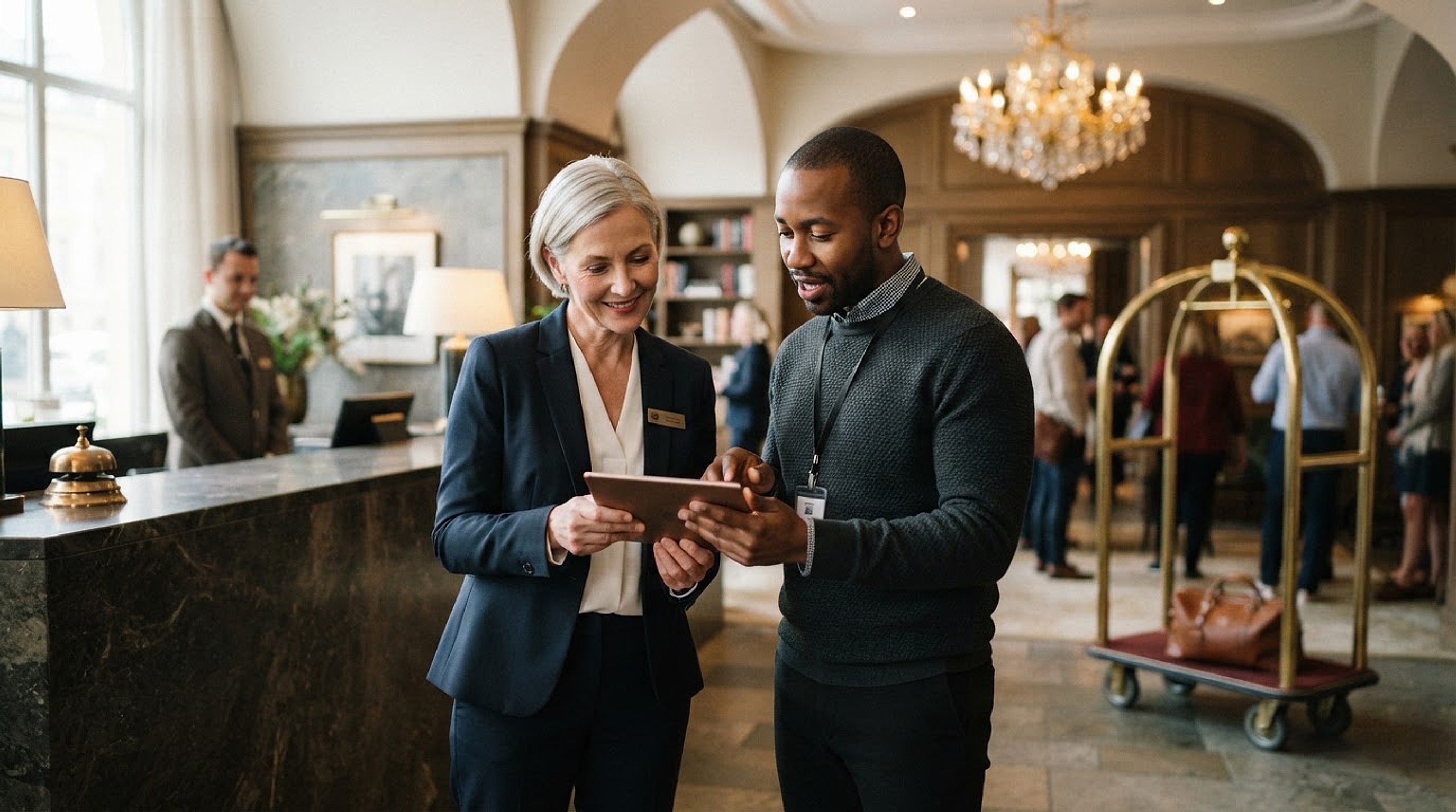 Concept image: a hotel general manager and the hotel IT manager reviewing a tablet together in the lobby