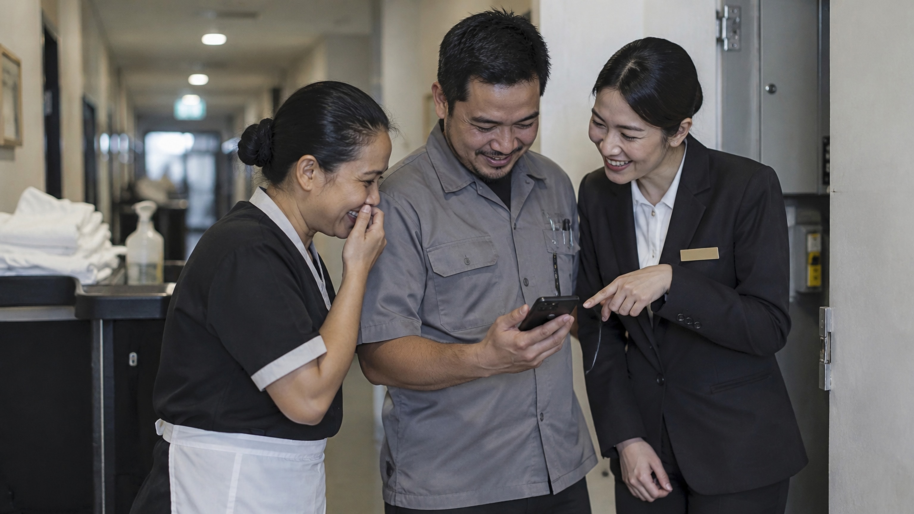 Concept image: colleagues from housekeeping, engineering and the front desk reading a message together on one phone