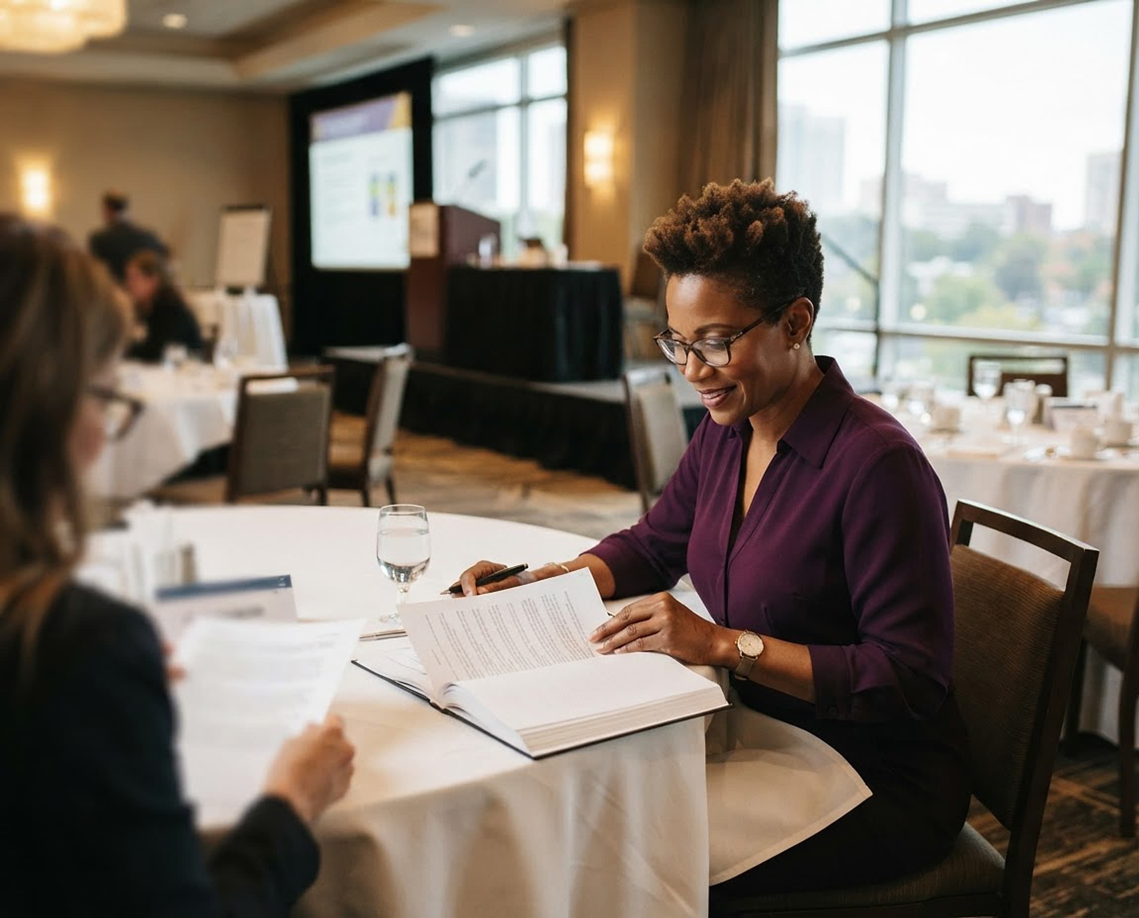 Concept image: a hotel vendor and contract manager reviewing a printed contract in a conference room
