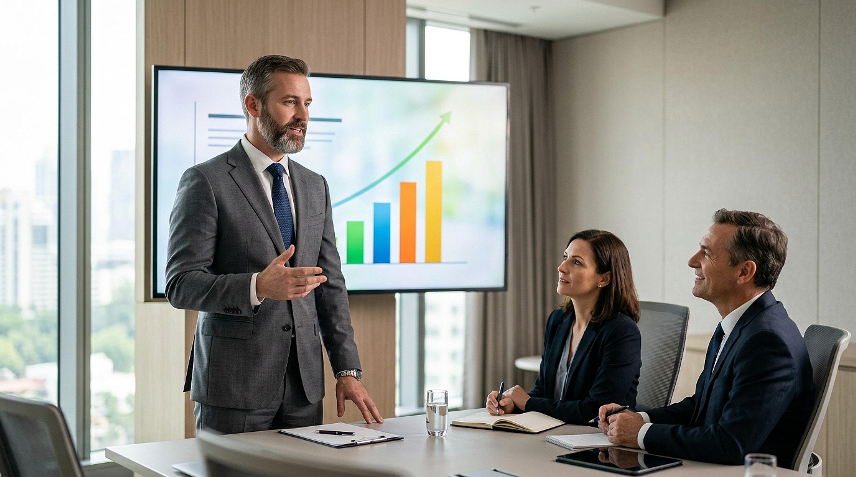 Concept image: a hotel CIO presenting a rising chart to two hotel executives