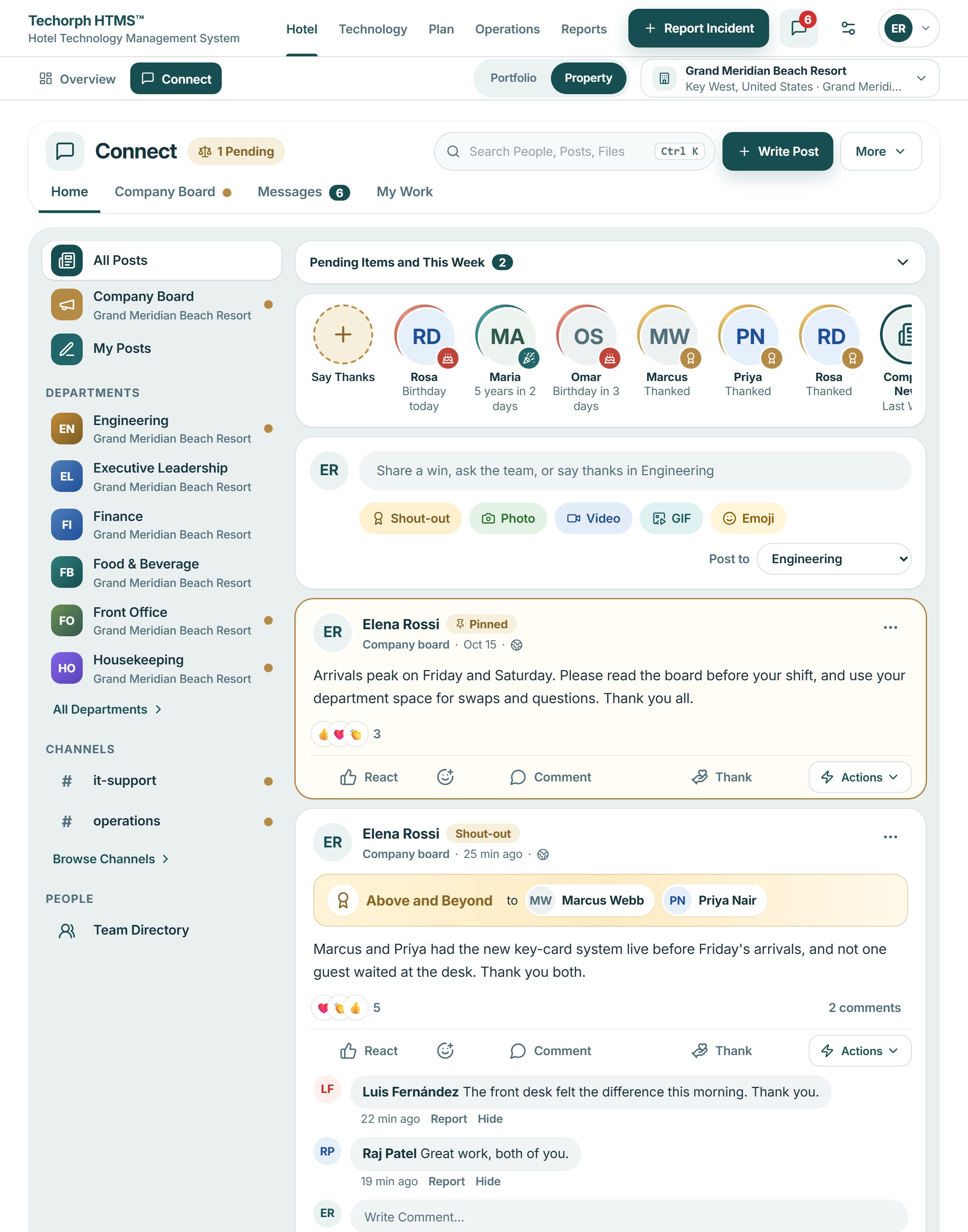 Connect company space: a stories row, a post box with shout-out, photo, video, GIF and emoji, a pinned note from a manager and a shout-out with reactions and comments