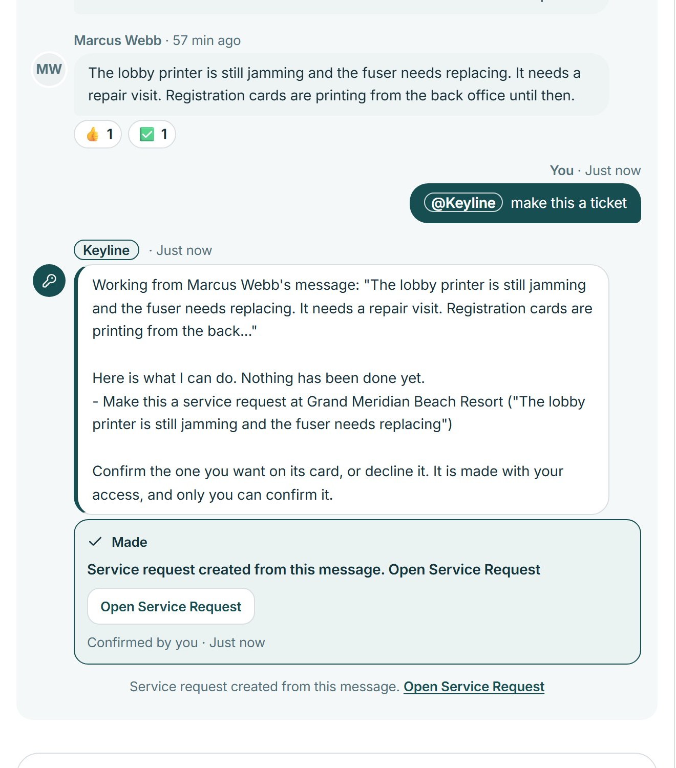 The same card after confirmation: service request created from this message, confirmed by the person, with an Open Service Request button