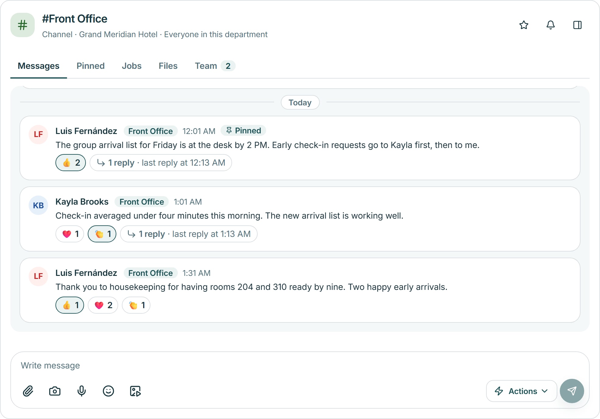 A Connect channel, #Front Office: tabs for messages, pinned posts, jobs, files and the team, three messages with reactions and replies, and the message box with attachment, photo, voice note, emoji and an Actions menu