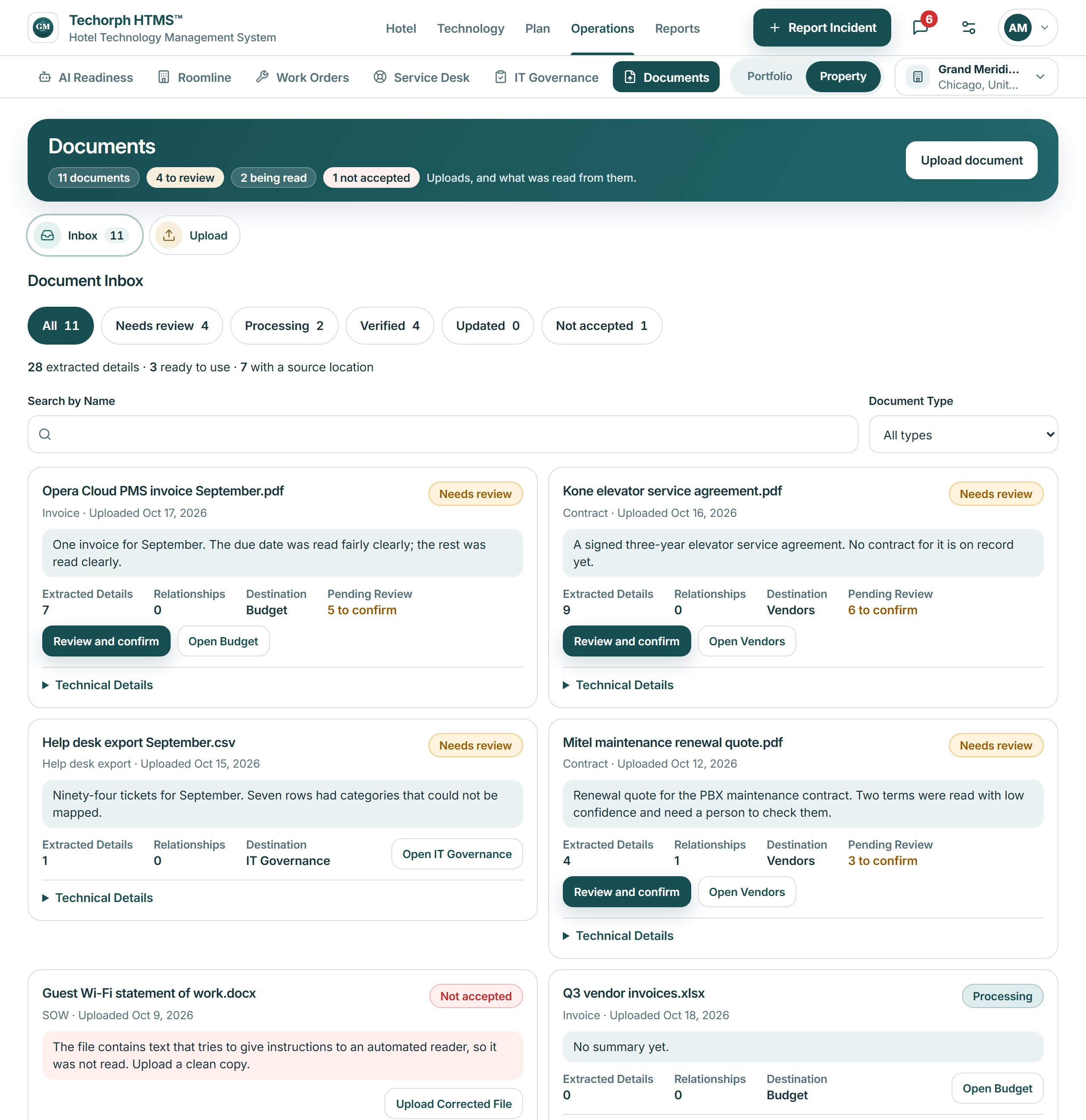HTMS™ document inbox: contracts and invoices with their status, what was read, where each one goes and what a person has confirmed into the records