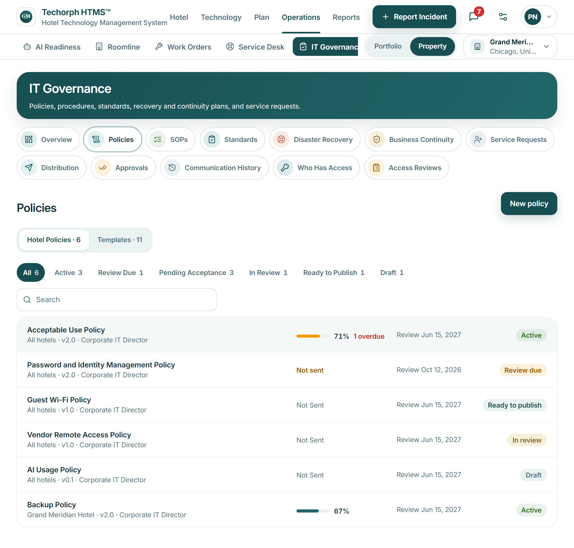 IT Governance policies: the policy library with each policy’s owner and review status