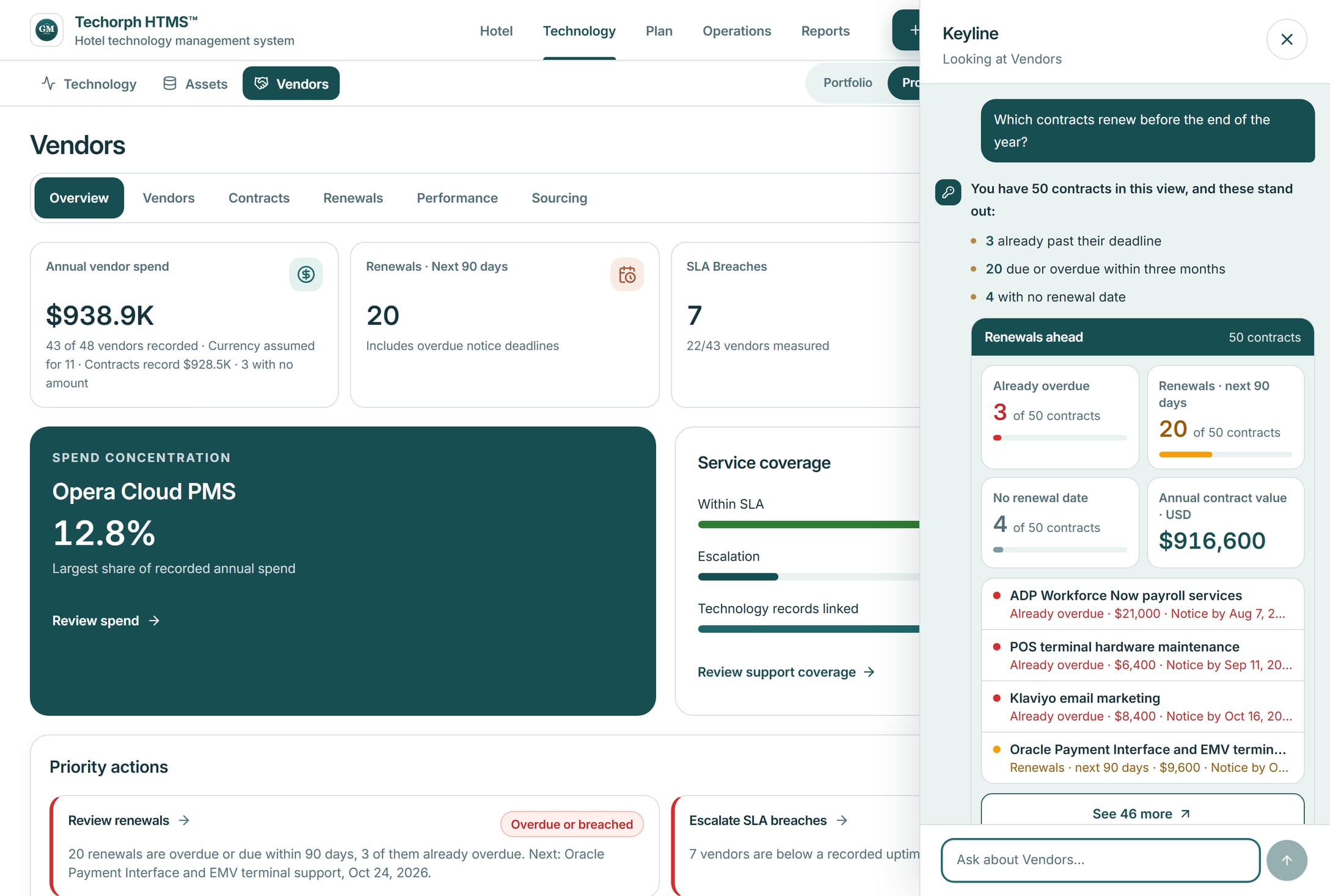 Keyline open beside the Vendors page: the question “Which contracts renew before the end of the year?”, an answer listing 50 renewals ahead, 3 already past their deadline, 20 due within three months and 4 with no renewal date, and the box for the next question